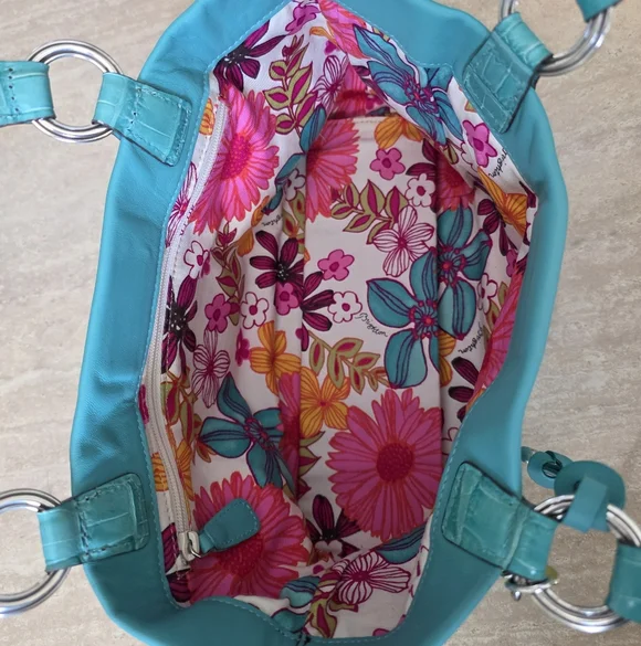 Brighton Teal Leather Shoulder Bag Cric Handles With Flower & Heart Charm GUC - Picture 6 of 10